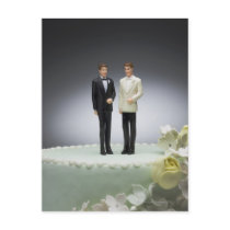 Two groom figurines on top of wedding cake post cards