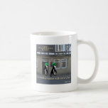 two irish penguins walk out of a bar coffee mugs