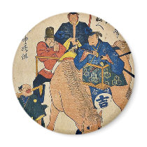 Two Japanese and one foreigner riding on a horse Magnets