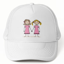Two little girls holding hands trucker hat