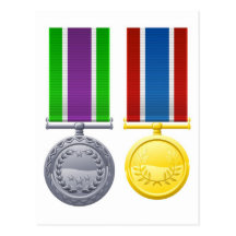 Two metal chest medals and ribbons post cards