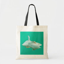 two playful happy geese in colour background tote bags