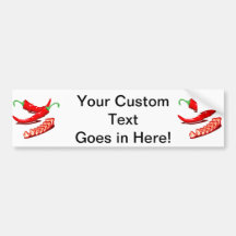 Two red chili peppers one cut up also bumper sticker