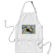 two rouen ducklings against flowered background aprons