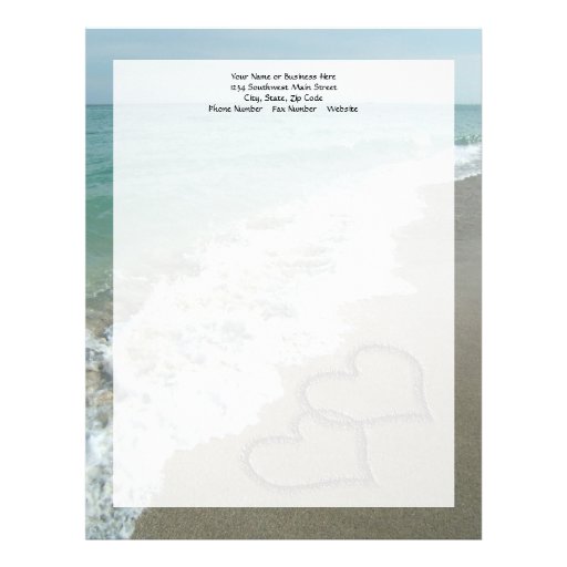 Two Sand Hearts on the Beach, Romantic Ocean Letterhead Template