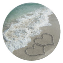 Two Sand Hearts on the Beach, Romantic Ocean Party Plate