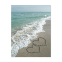 Two Sand Hearts on the Beach, Romantic Ocean Postcards