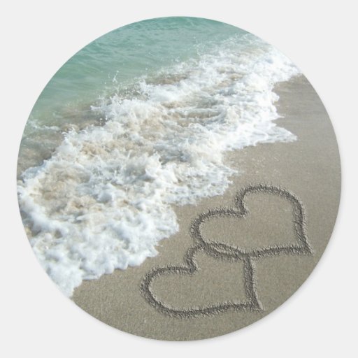 Two Sand Hearts on the Beach, Romantic Ocean Stickers