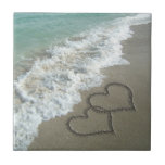 Two Sand Hearts on the Beach, Romantic Ocean Ceramic Tile