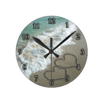 Two Sand Hearts on the Beach Round Wallclock