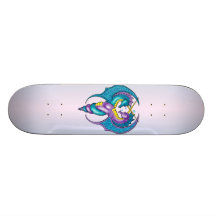 Two Seahorse Dragons Sketched in Blue and Purple Skate Board