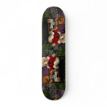 Two smokey bear dolls placed in garden bench skateboards