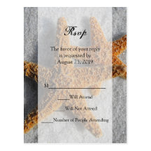 Two Starfish & Sand, Beach Wedding RSVP Reply Card Post Card