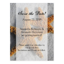 Two Starfish & Sand, Beach Wedding Save the Date Post Cards