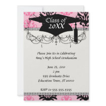 two tone pink and black chic damask graduation personalized invitation