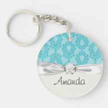 two tone pretty blue flower floral damask round acrylic key chains