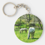 Two White Horses Grazing Key Chains
