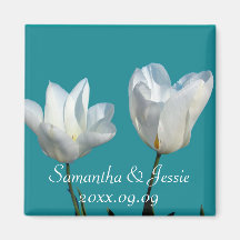 two white tulip flowers, save the date refrigerator magnet