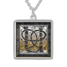 U Initial Monogram "Celtic Black Stone" Necklaces
