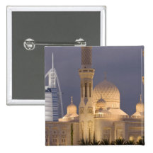 UAE, Dubai. Mosque in evening with Burj al Arab Pinback Button