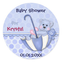 Umbrella Bear Blue Polka Dot Baby Shower Sticker