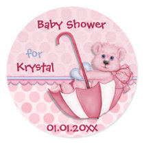 Umbrella Bear Pink Polka Dot Baby Shower Round Sticker