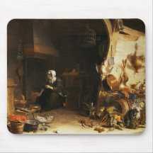 Un intérieur de cuisine avec une fille d'employé tapis de souris