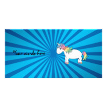 Unicorn blue sunburst customized photo card