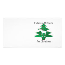 Unicorn in Christmas tree on green Custom Photo Card