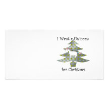 Unicorn in Christmas tree on silver Personalized Photo Card