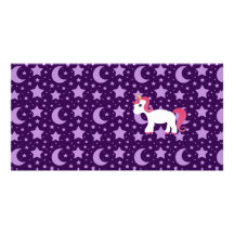 Unicorn purple stars and moons customized photo card