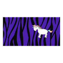 Unicorn purple zebra stripes customized photo card