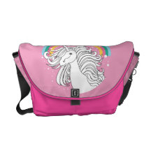Unicorn surrounded by rainbow and dots pink courier bags