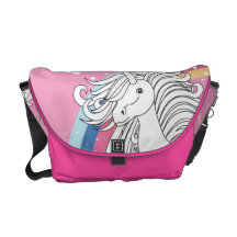 Unicorn surrounded by rainbow and dots pink commuter bags
