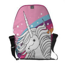 Unicorn surrounded by rainbow and dots pink courier bags