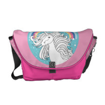 Unicorn surrounded by rainbow and dots pink courier bags
