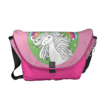 Unicorn surrounded by rainbow and dots pink commuter bags