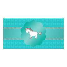 Unicorn turquoise butterflies custom photo card