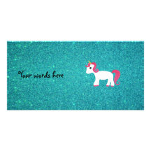 Unicorn turquoise glitter photo card