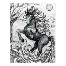 Unicorns Black Unicorn Black & White Drawing Postcard
