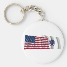 United States and Massachusetts Waving Flags Keychains
