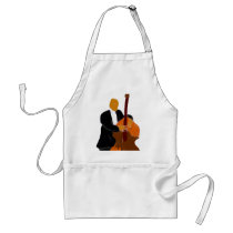 Upright bass player, full body black suit apron