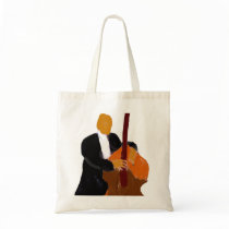 Upright bass player, full body black suit tote bags