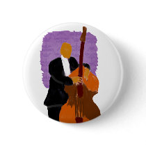 Upright bass player, full body black suit pinback button