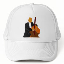 Upright bass player, full body black suit mesh hat