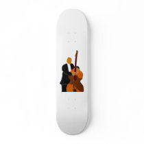 Upright bass player, full body black suit skate board