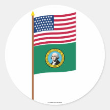 US 43-star flag on pole with Washington Round Sticker