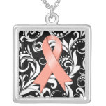 Uterine Cancer Ribbon Deco Floral Noir necklaces