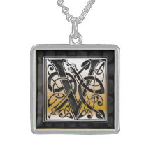 V Initial Monogram "Celtic Black Stone" Necklaces