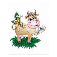 Vache et papillon mignons carte postale